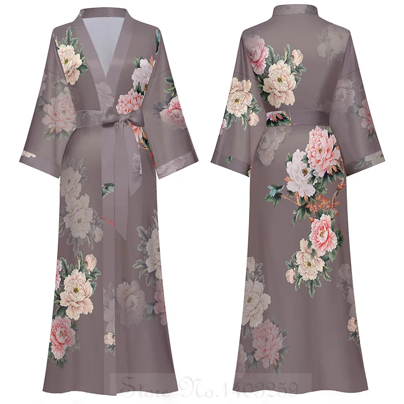 Satynowa długa koszula nocna kimono z nadrukiem Srebrny