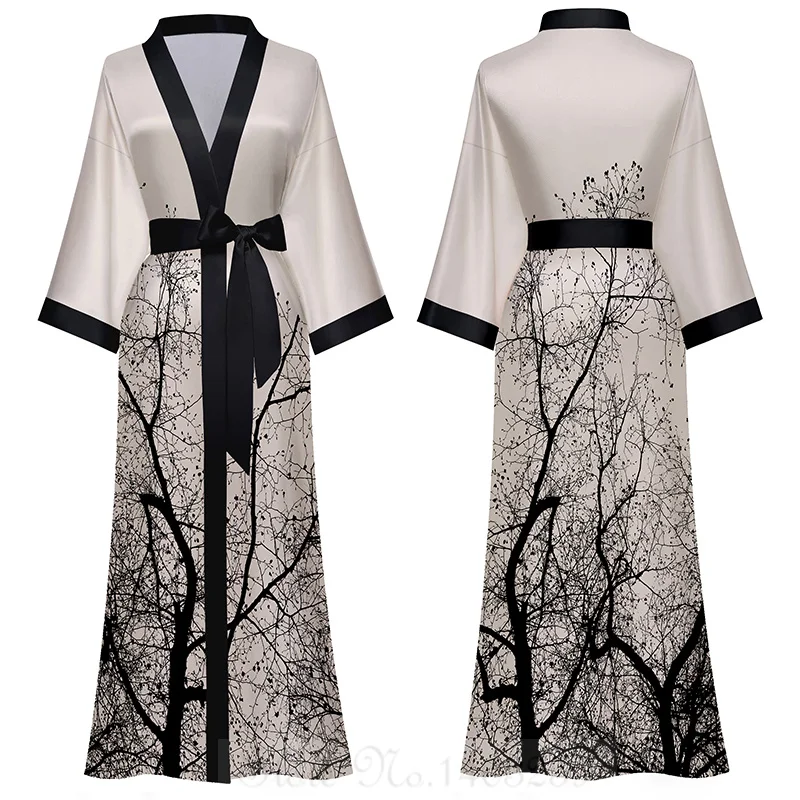 Satynowa długa koszula nocna kimono z nadrukiem Turkusowy