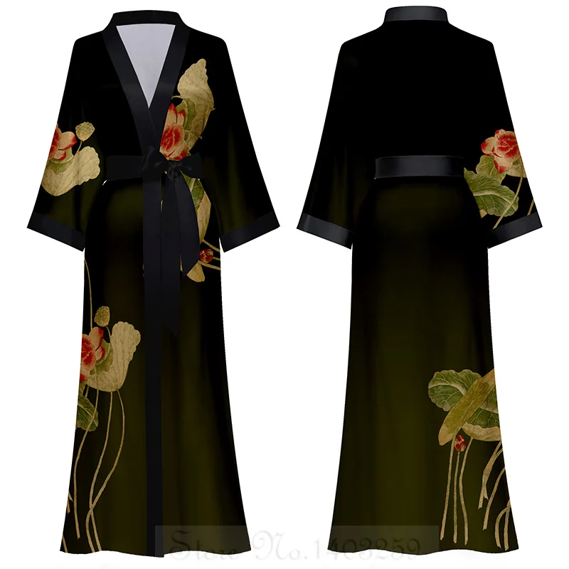 Satynowa długa koszula nocna kimono z nadrukiem żółty
