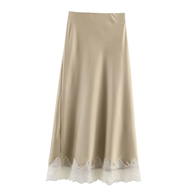 Satynowa spódnica maxi z koronką elegancka długa na jesień Khaki