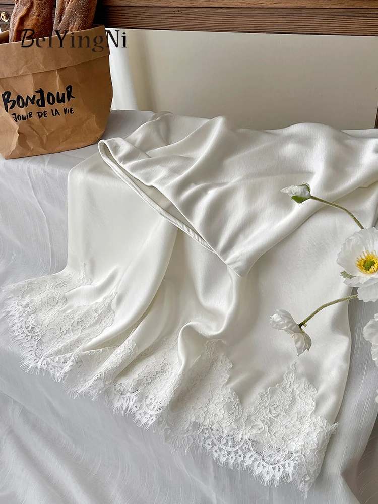 Satynowa spódnica midi syrenka z koronką elegancka biurowa Beżowy