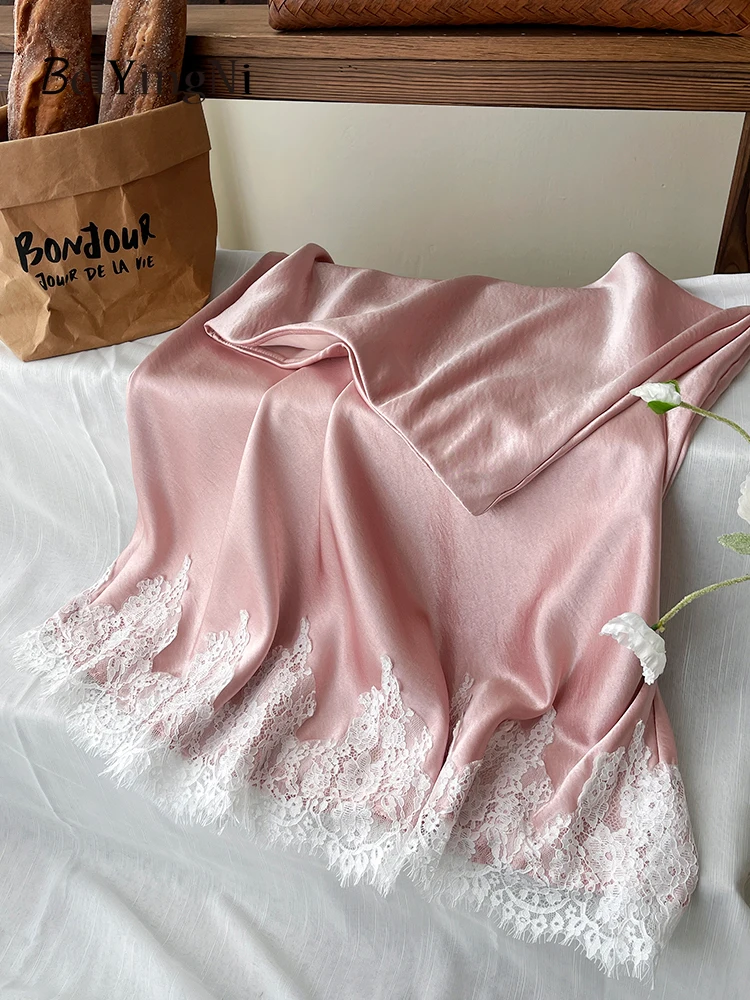 Satynowa spódnica midi syrenka z koronką elegancka biurowa Różowy