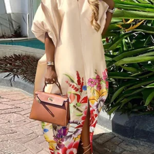 Satynowa sukienka maxi plus size boho z dekoltem V Szampan