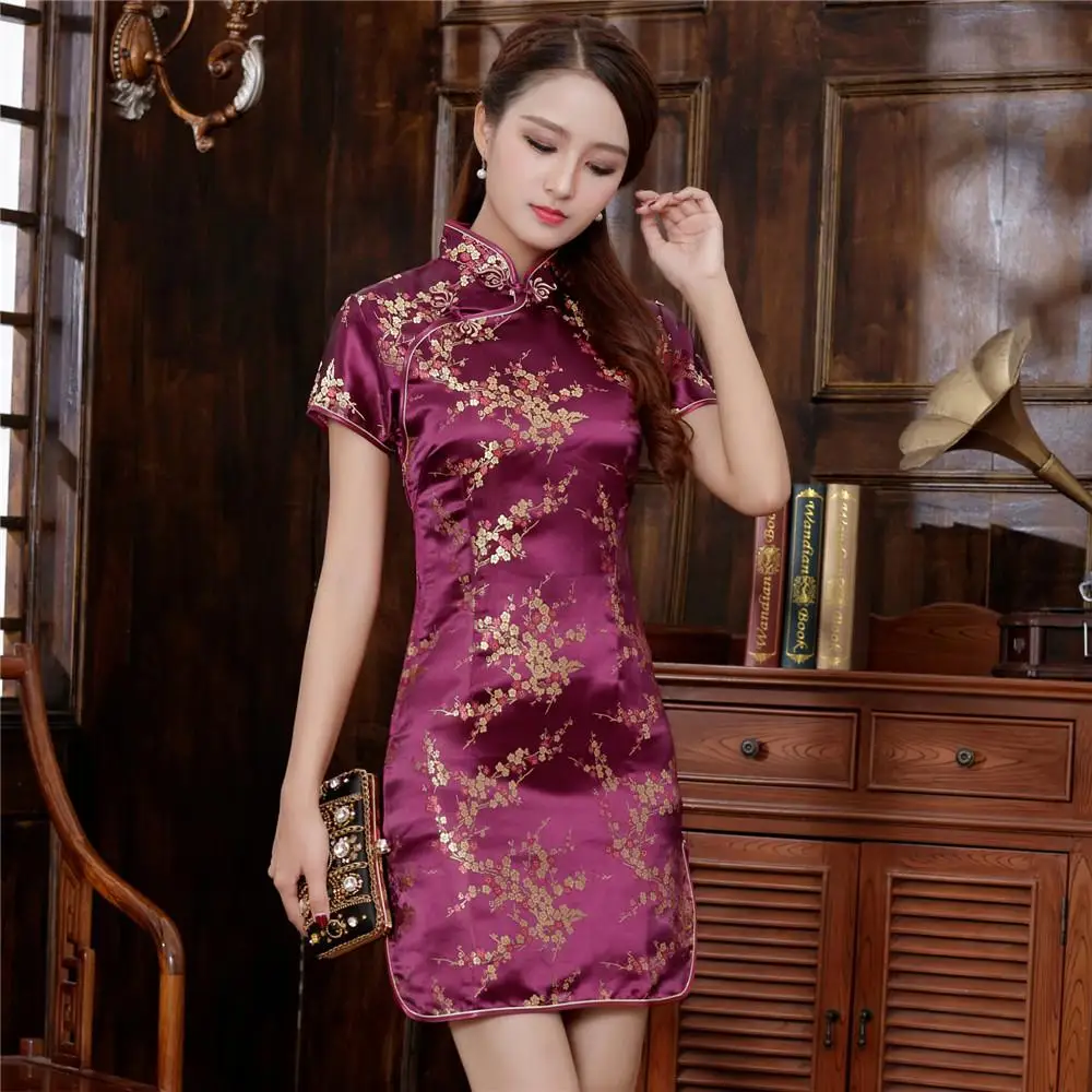 Satynowa sukienka mini qipao ze smokiem Turkusowy