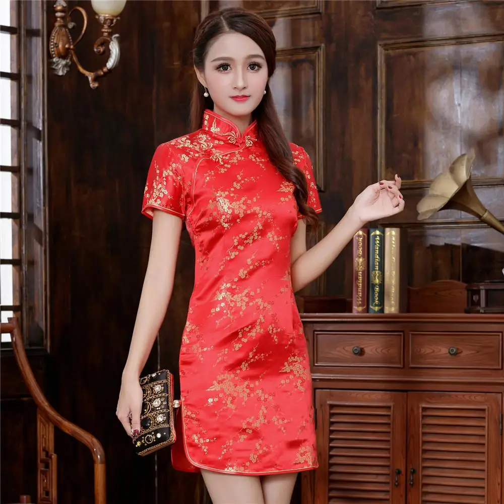 Satynowa sukienka mini qipao ze smokiem Wielo