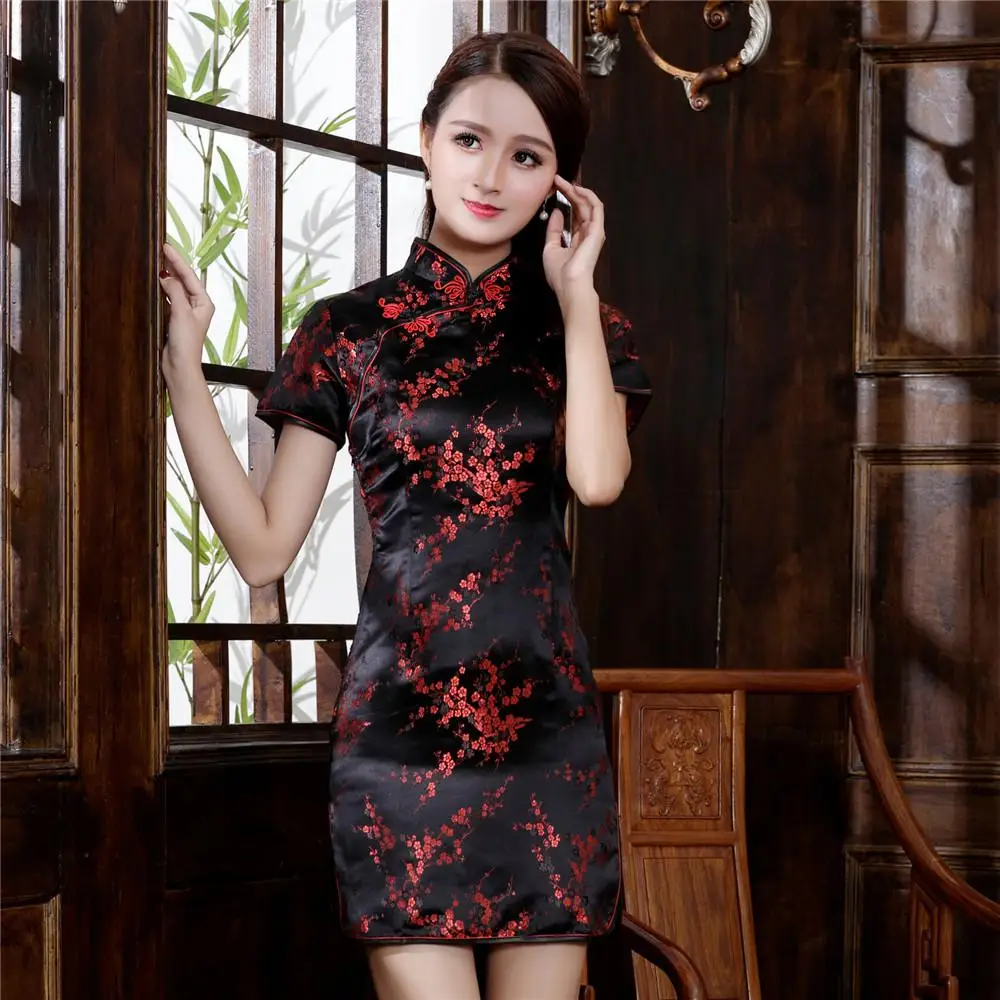 Satynowa sukienka mini qipao ze smokiem żółty