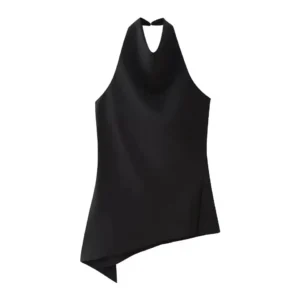 Satynowy crop top halter z asymetrycznym dołem - elegancka bluzka na wieczór Beżowy