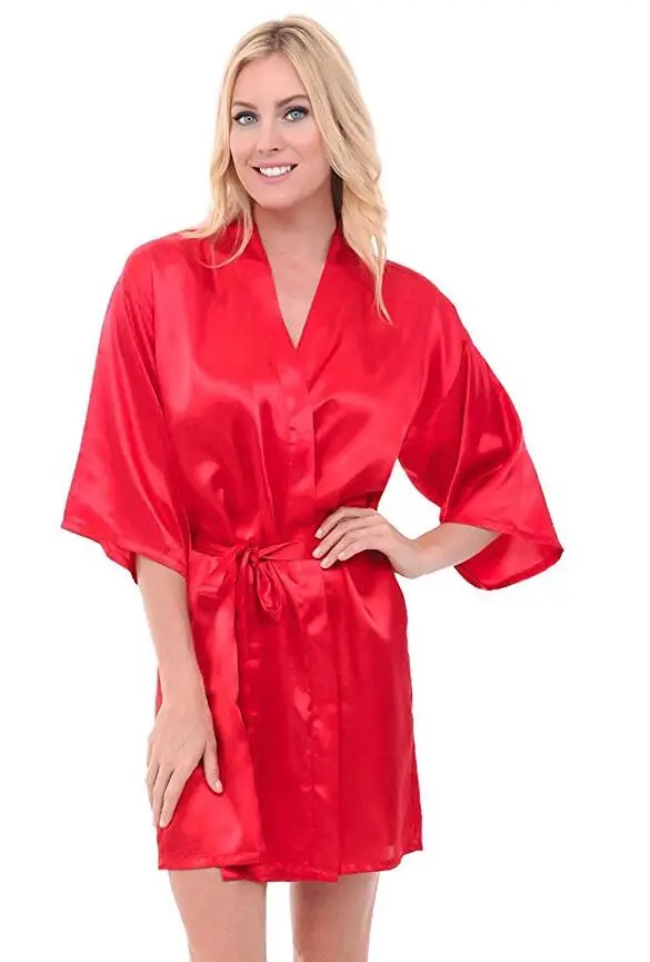 Satynowy krótki szlafrok kimono damski — jednokolorowy, lśniący Srebrny
