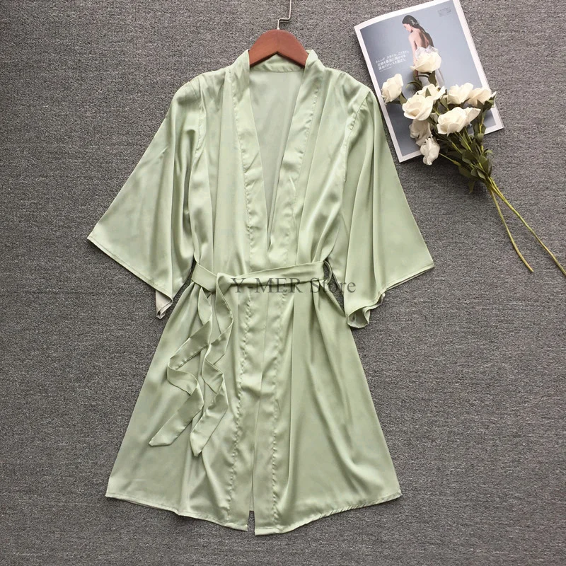 Satynowy szlafrok kimono z krótkim rękawem Beżowy