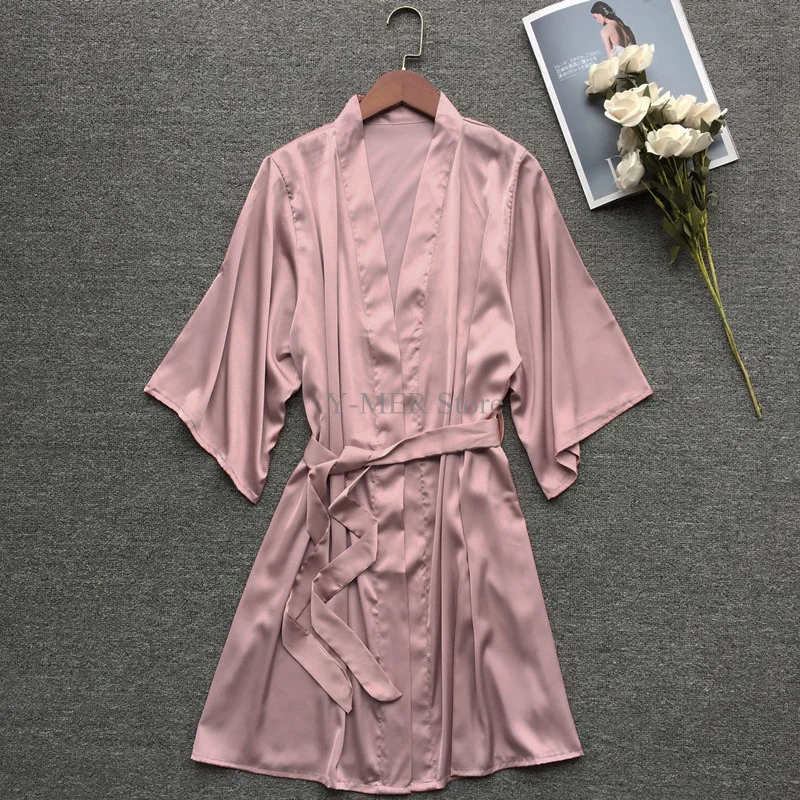 Satynowy szlafrok kimono z krótkim rękawem Błękitny