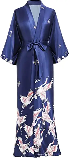 Satynowy szlafrok kimono z motywem żurawi Niebieski