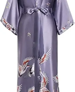 Satynowy szlafrok kimono z motywem żurawi Szary