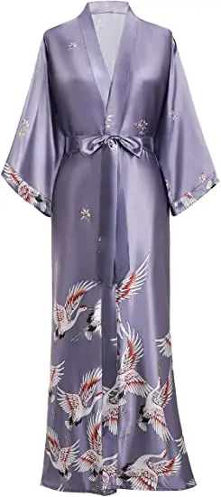 Satynowy szlafrok kimono z motywem żurawi Szary