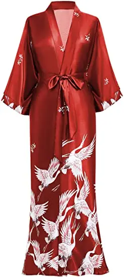 Satynowy szlafrok kimono z motywem żurawi Bordowy