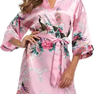 Satynowy szlafrok kimono damski z nadrukiem żurawia krótki i długi Szary