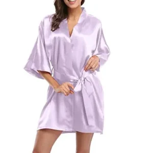 Satynowy szlafrok nocny z koronką plus size — elegancki Lawenda