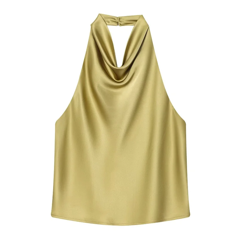 Satynowy top halter z odkrytymi plecami — elegancki cami na lato Armijna zieleń