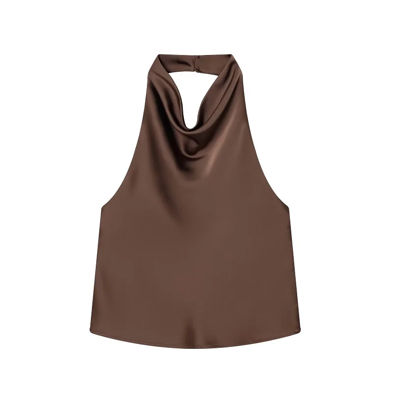 Satynowy top halter z odkrytymi plecami — elegancki cami na lato Brązowy