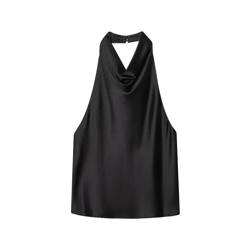 Satynowy top halter z odkrytymi plecami — elegancki cami na lato Czarny