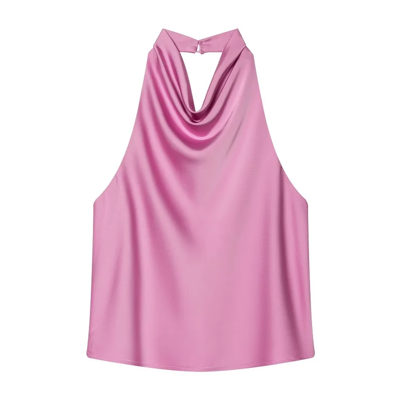 Satynowy top halter z odkrytymi plecami — elegancki cami na lato Fuksja