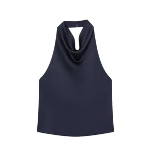 Satynowy top halter z odkrytymi plecami — elegancki cami na lato Granatowy