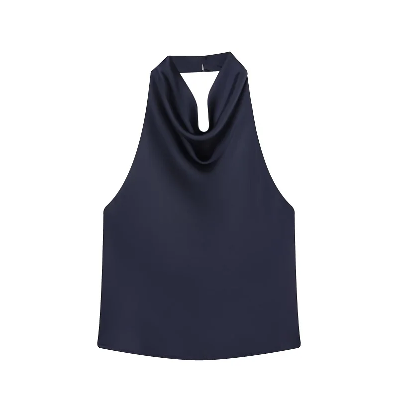 Satynowy top halter z odkrytymi plecami — elegancki cami na lato Granatowy