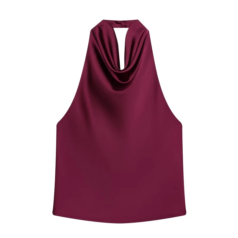 Satynowy top halter z odkrytymi plecami — elegancki cami na lato Kolor czerwonego wina