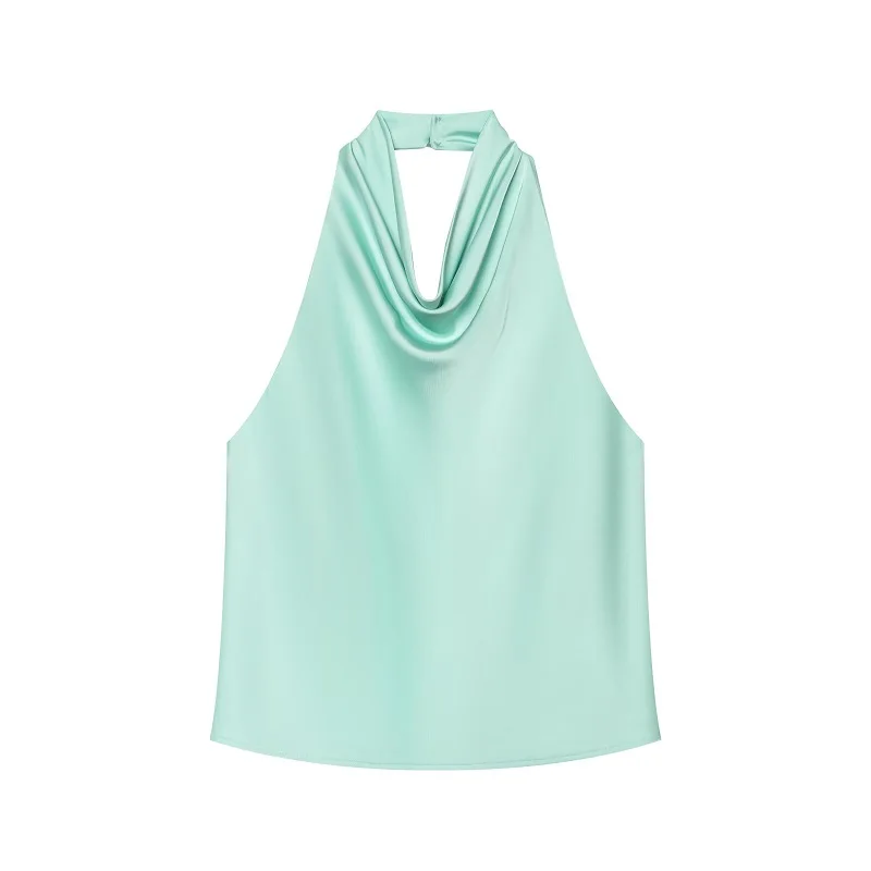 Satynowy top halter z odkrytymi plecami — elegancki cami na lato Mięta