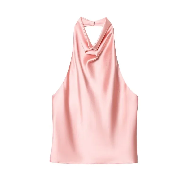 Satynowy top halter z odkrytymi plecami — elegancki cami na lato Różowy