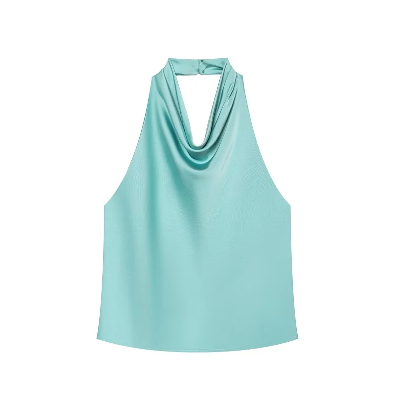 Satynowy top halter z odkrytymi plecami — elegancki cami na lato Turkusowy
