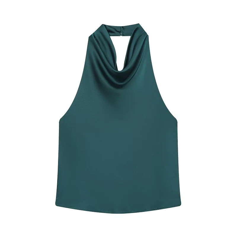 Satynowy top halter z odkrytymi plecami — elegancki cami na lato Zielony