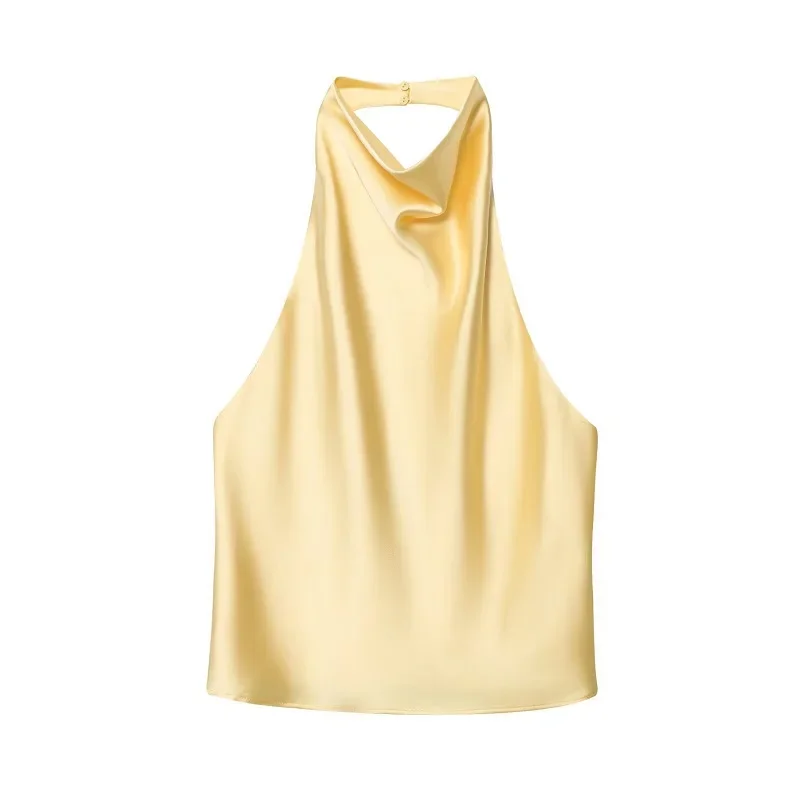 Satynowy top halter z odkrytymi plecami — elegancki cami na lato żółty