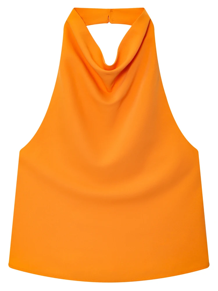 Satynowy top typu halter z odkrytymi plecami i gorsetem Pomarańczowy