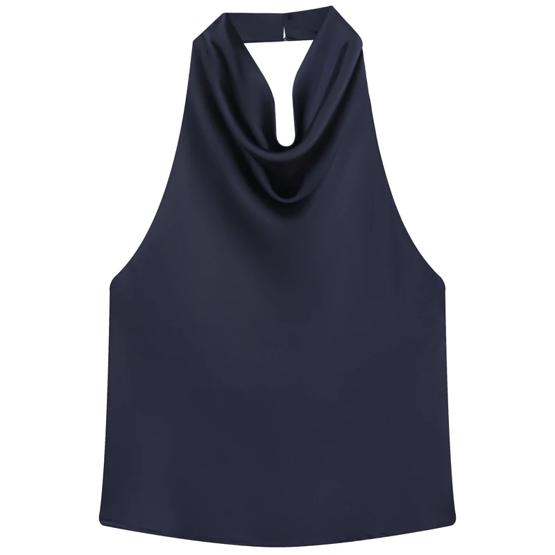 Satynowy top typu halter z odkrytymi plecami i gorsetem Niebieski