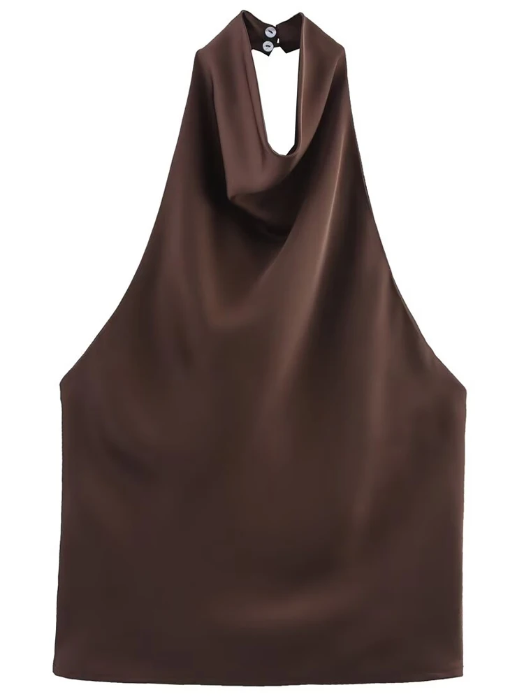 Satynowy top typu halter z odkrytymi plecami i gorsetem Cioccolato