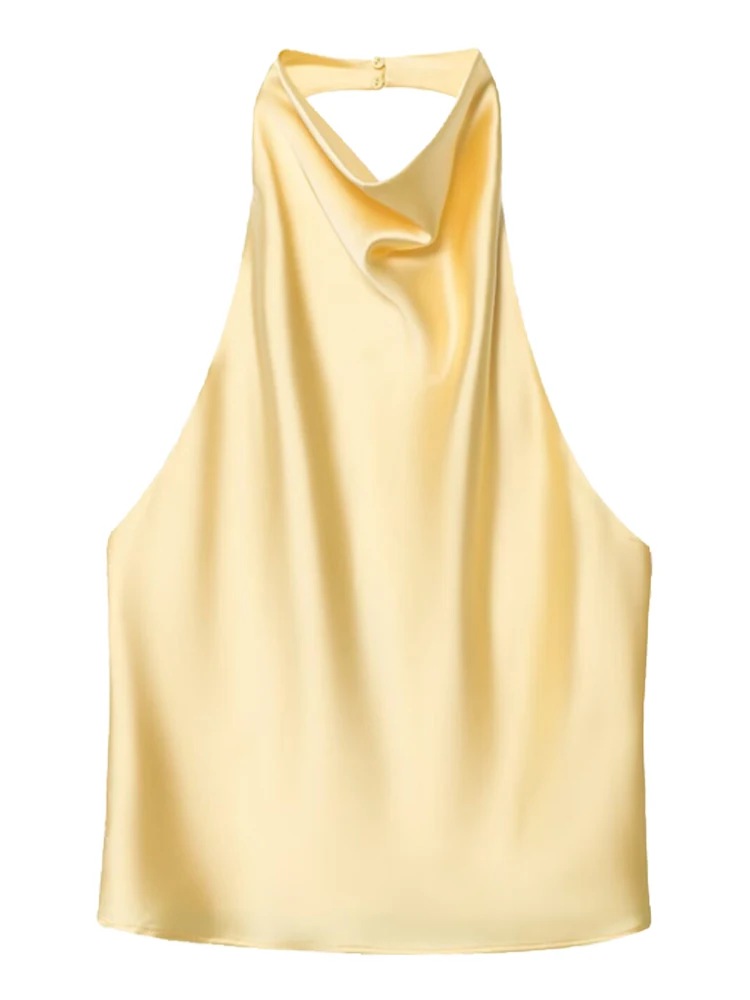 Satynowy top typu halter z odkrytymi plecami i gorsetem Żółty