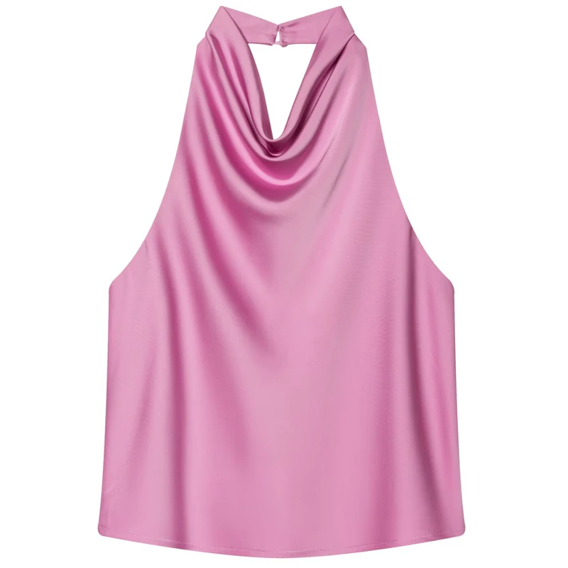 Satynowy top typu halter z odkrytymi plecami i gorsetem Lavanda