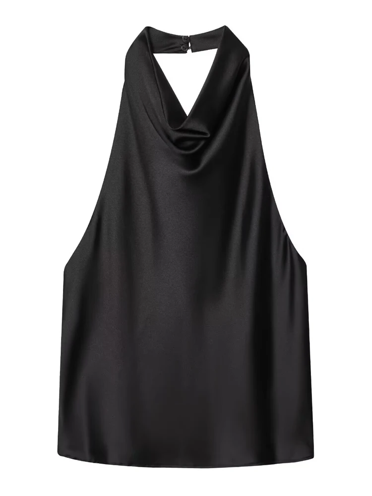 Satynowy top typu halter z odkrytymi plecami i gorsetem Czarny