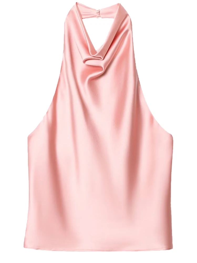 Satynowy top typu halter z odkrytymi plecami i gorsetem Różowy