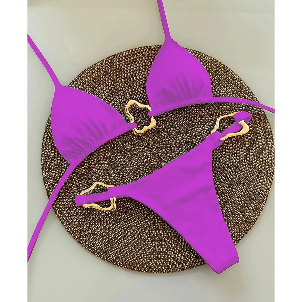 Seksowne bikini sznurowane jednolity kolor dwuczęściowy strój Beżowy