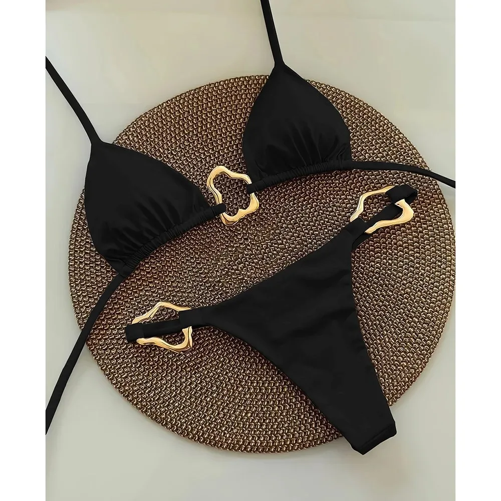 Seksowne bikini sznurowane jednolity kolor dwuczęściowy strój Czarny