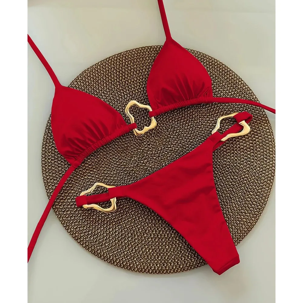 Seksowne bikini sznurowane jednolity kolor dwuczęściowy strój Czerwony