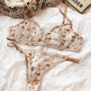 Seksowny komplet bielizny — przezroczysty biustonosz push-up i stringi Khaki