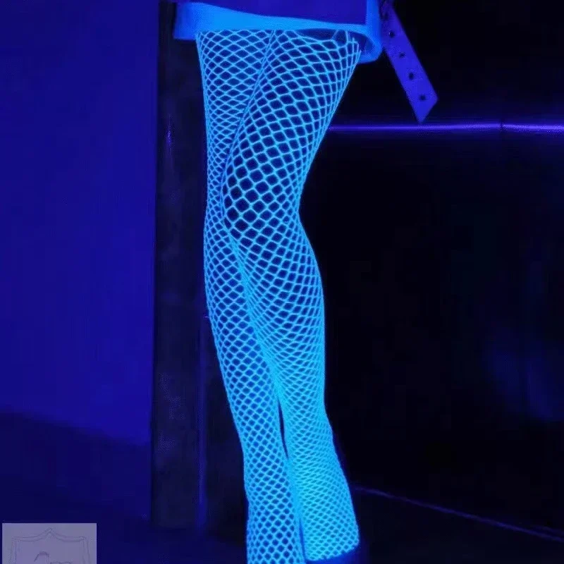 Siateczkowe rajstopy fluorescencyjne — bodystocking z siatki wysoka talia Niebieski