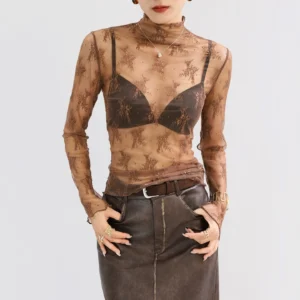 Siateczkowy koronkowy crop top z długim rękawem przezroczysty Khaki
