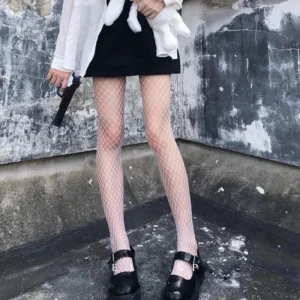 Siatkowe rajstopy kabaretki Lolita czarne wysokie do pasa Beżowy