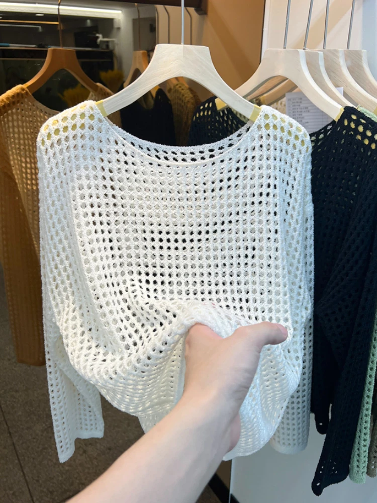 Siatkowy sweter damski Harajuku z długim rękawem Błękitny