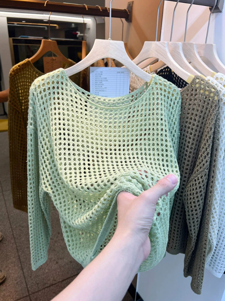 Siatkowy sweter damski Harajuku z długim rękawem Czarny