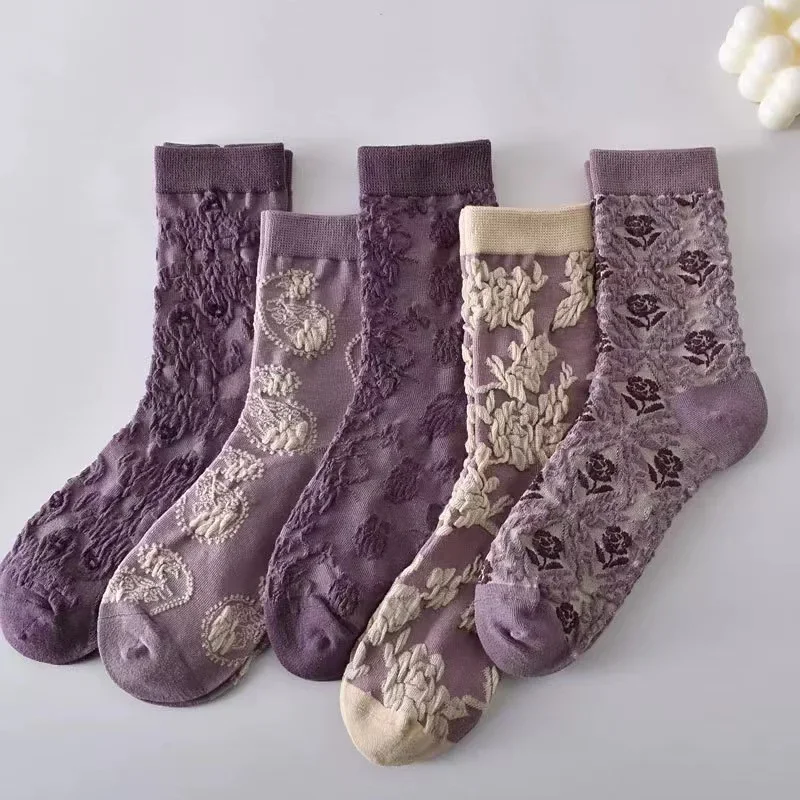 Skarpetki damskie retro z reliefowym wzorem pałacowym – elegancki zestaw 5 par Armijna zieleń