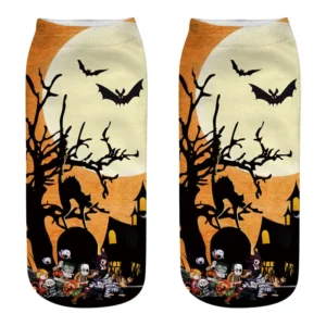 Skarpetki na Halloween z motywem dyni i czarnego kota Szary